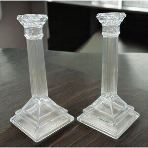 Vintage Crystal Pillar Candle Holders Elegant Columns Art Deco 10" Candlesticks